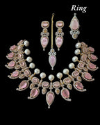 BR462  Anmol necklace set in pink( rose quartz ), Cats eye and pearls ( READY TO SHIP )