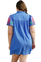 Sky Blue Plus Size Floral Embroidered Puff Sleeve Gingham Mini Dress