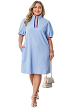 Beau Blue Contrast Striped Trim Zipped Stand Collar Textured Puff Sleeve Plus Size T Shirt Dress