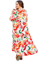 Orange Floral Print Drawstring V Neck Tiered Plus Size Dress