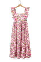 Pink Plus Size Ruffle Trim Square Neck High Waist Floral Maxi Dress