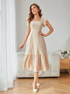 Shasmi GirlS & WomenS Solid Beige Color Square Neck, Ruffle-Trimmed Hem Sleeveless, Ruffle Armhole And Casual Dress With Cinch