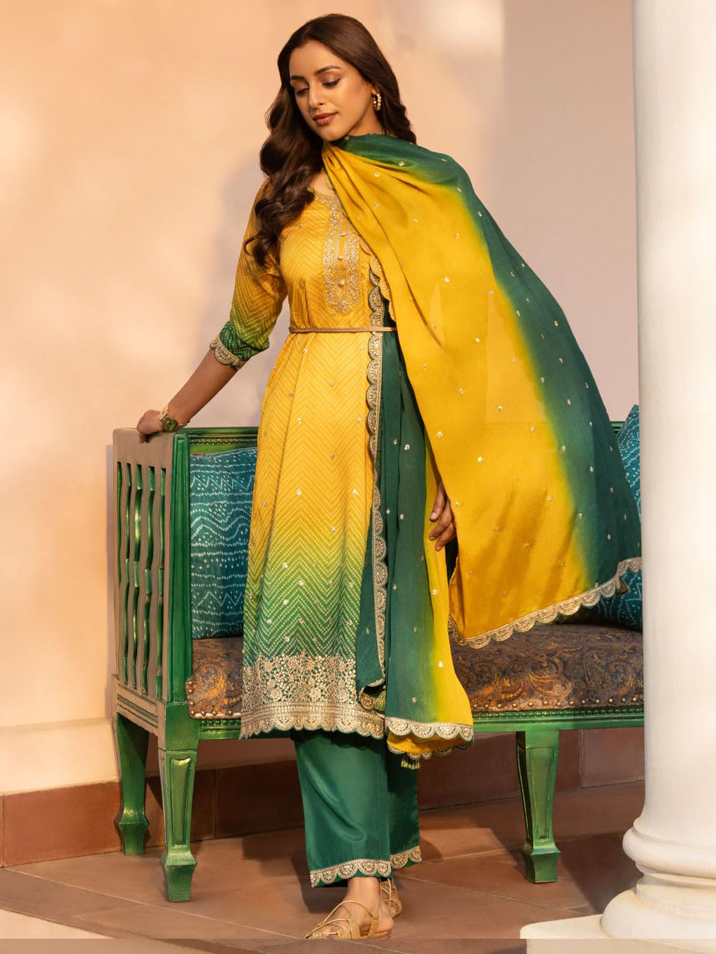 Libas Womens Printed Chinon Straight Kurta With Palazzos And Dupatta