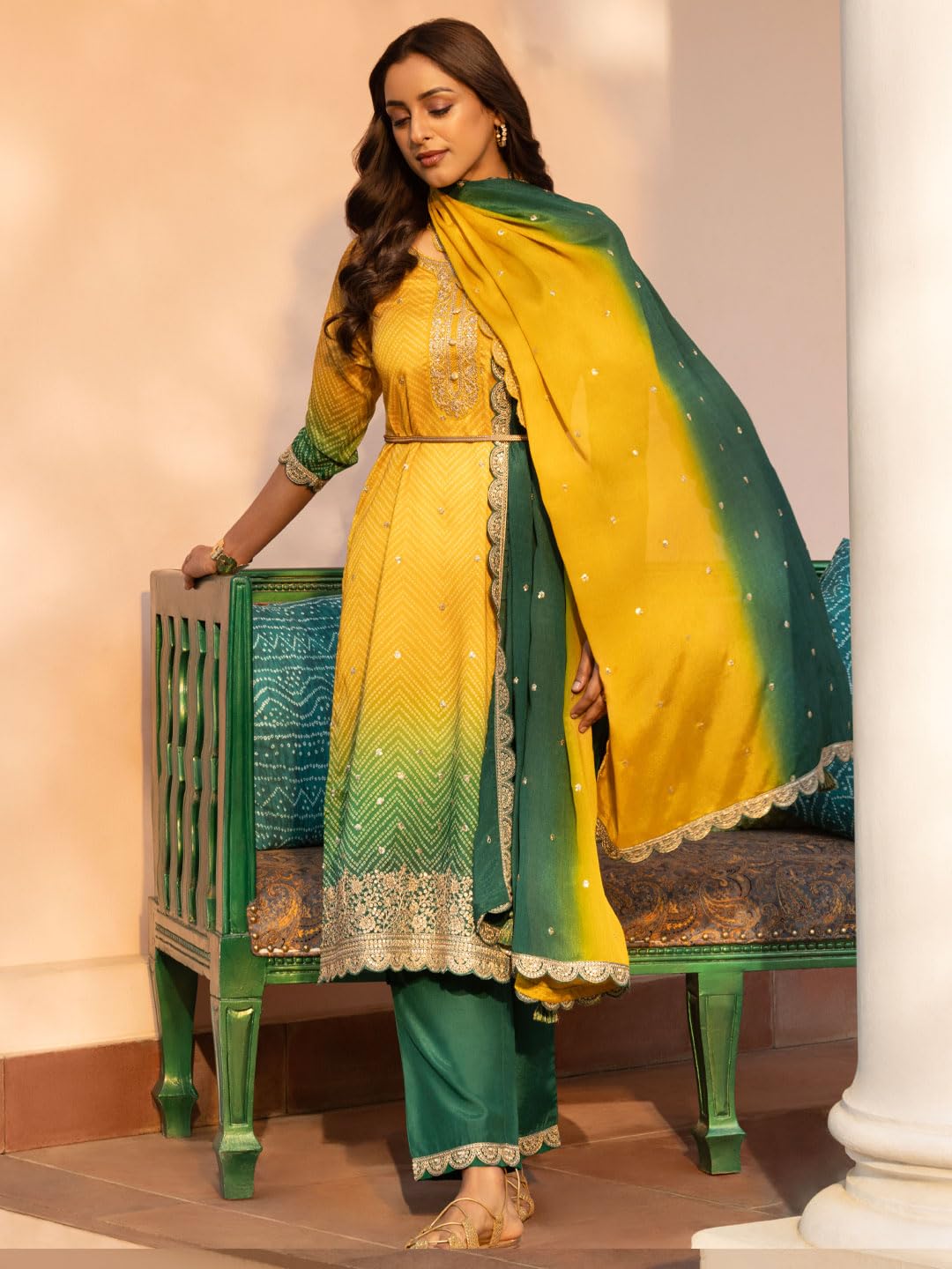 Libas Womens Printed Chinon Straight Kurta With Palazzos And Dupatta