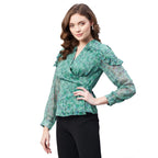 Rare Women Casual Green Colour V-Neck Floral Wrap Top