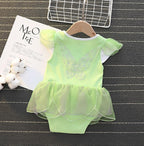 Dressy Daisy Infant Baby Girl Green Fairy Romper Costumes Onesie Dress Bodysuit with Headband Halloween Birthday Party Fancy Out