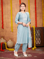 Aarika Girls Ethnic Wear Sky Blue Colour Sequin Thread Embroidery With Gota Work Silk Kurti Patiala Set (9-16 Years)