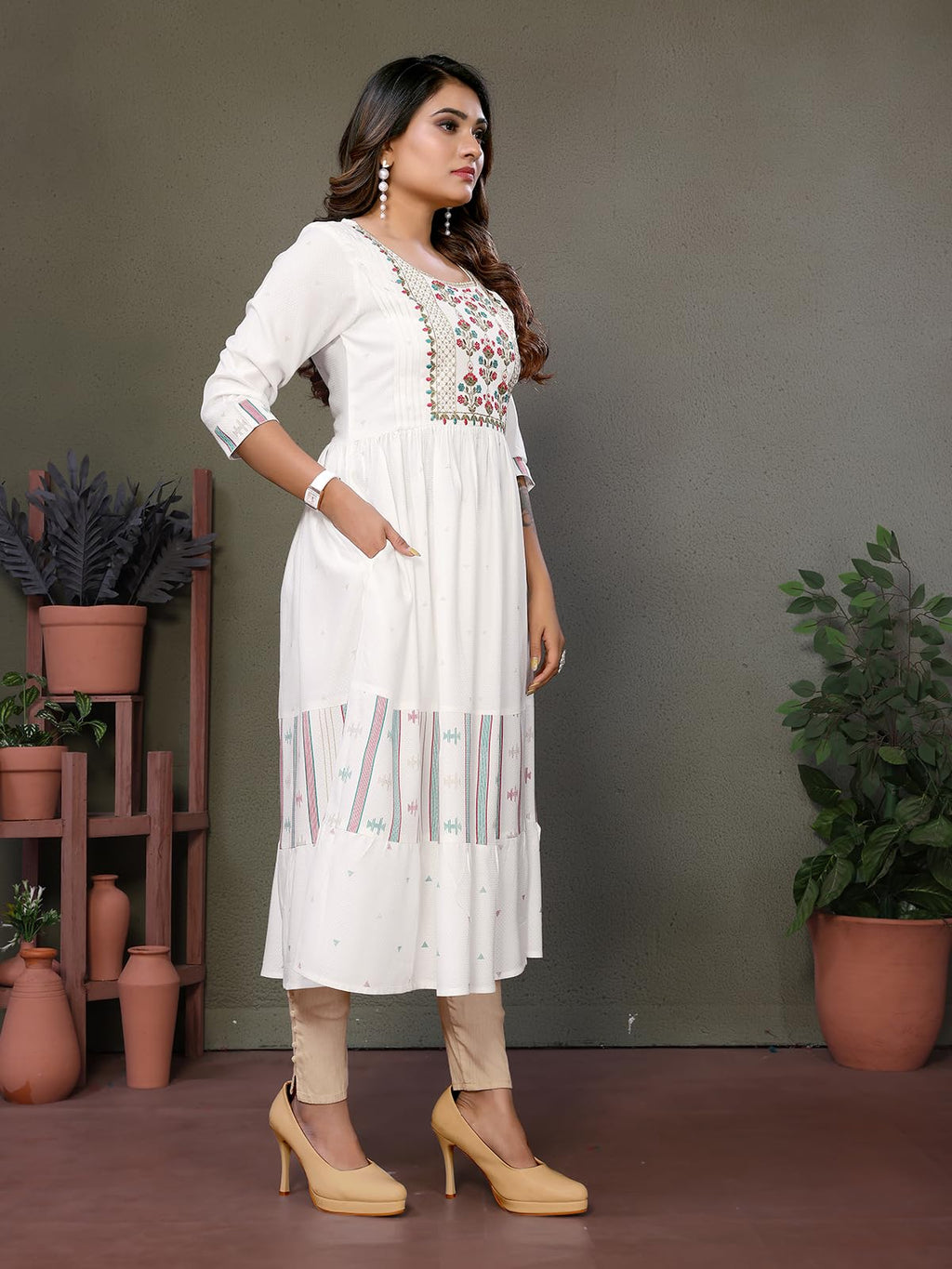 rangita Calf Length Embroidered Tiered Flared Kurti