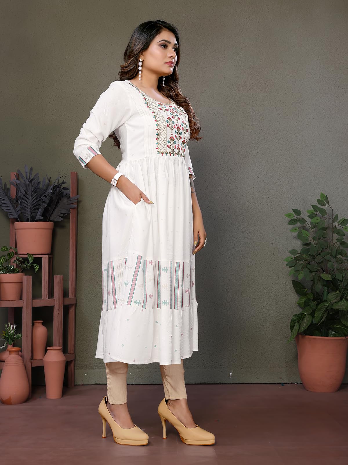 rangita Calf Length Embroidered Tiered Flared Kurti
