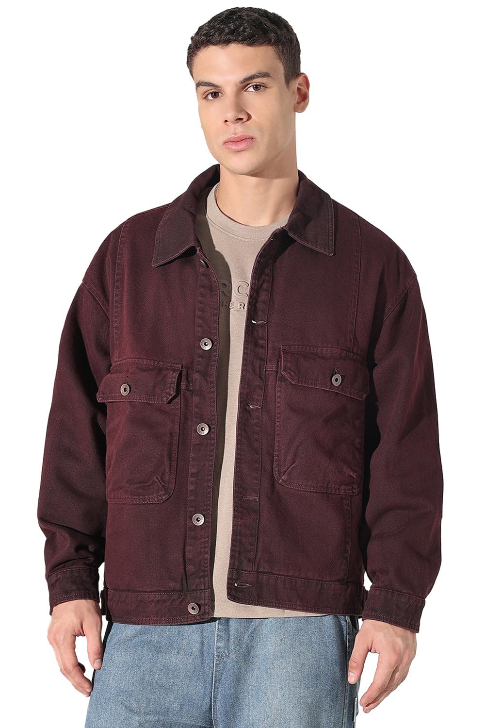 SHOWOFFFF Edition Mens Solid Burgundy Denim Denim JacketCHN99070_Burgundy_XXL 2