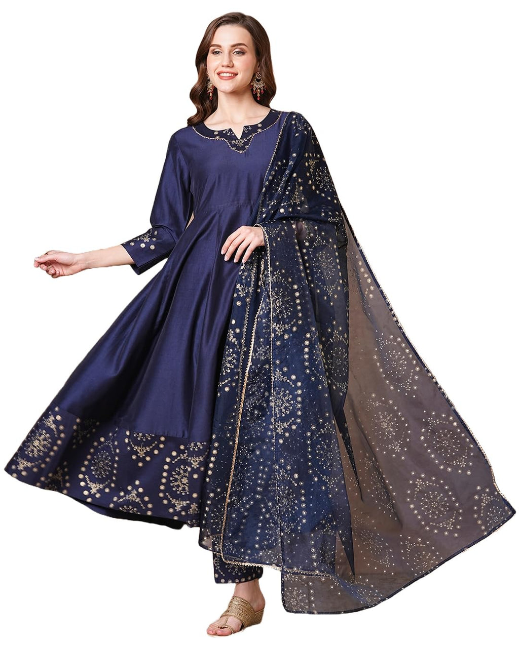 ANNI DESIGNER Womens Rayon Blend Printed Anarkali Kurta with Pant & Dupatta (Varuna Navy_S_Navy Blue_Small)