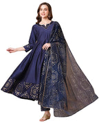 ANNI DESIGNER Womens Rayon Blend Printed Anarkali Kurta with Pant & Dupatta (Varuna Navy_S_Navy Blue_Small)