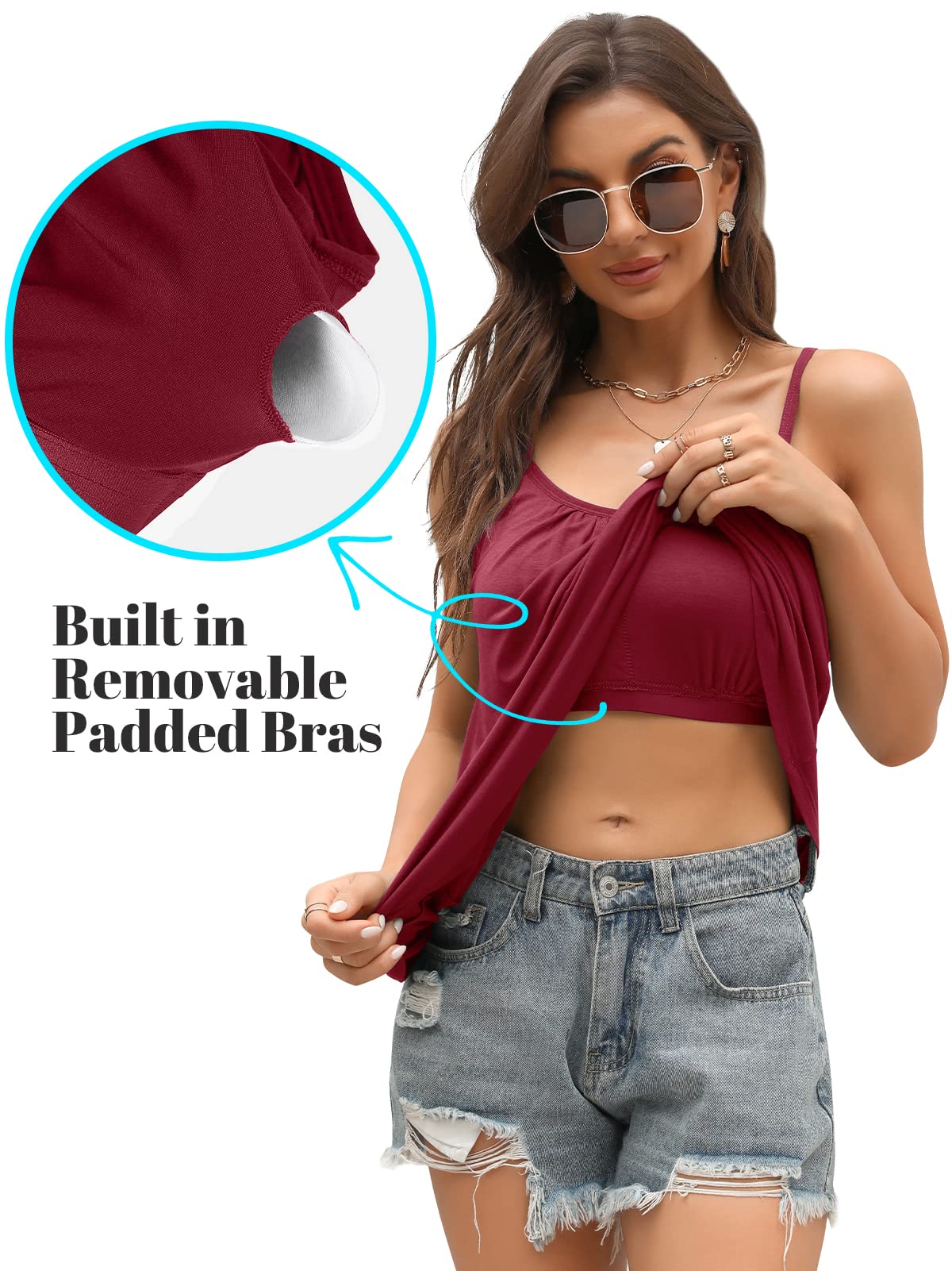 V FOR CITY Womens Flowy Camisole with Built in Padded Bra Basic Spaghetti Strap Tank Top Swing Tunic Tops Loose Fit