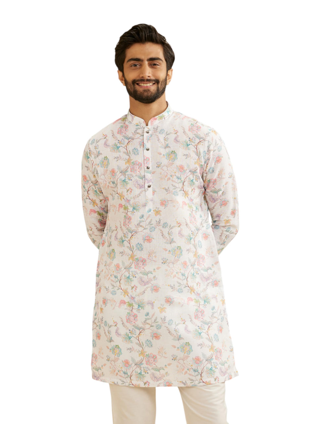 Manyavar Blended Cotton Mens Floral Print Kurta (Cream,L)
