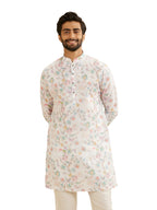 Manyavar Blended Cotton Mens Floral Print Kurta (Cream,L)