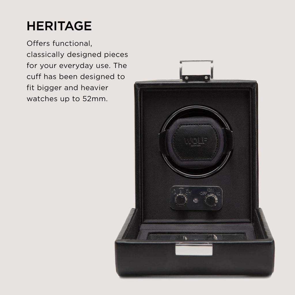 WOLF Heritage Single Winder with Glass Cover, Black - Secure Fit with Patented Lock-in Dynamic Cuff - for Bigger, Heavier Watche
