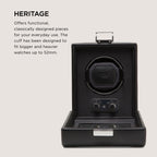WOLF Heritage Single Winder with Glass Cover, Black - Secure Fit with Patented Lock-in Dynamic Cuff - for Bigger, Heavier Watche