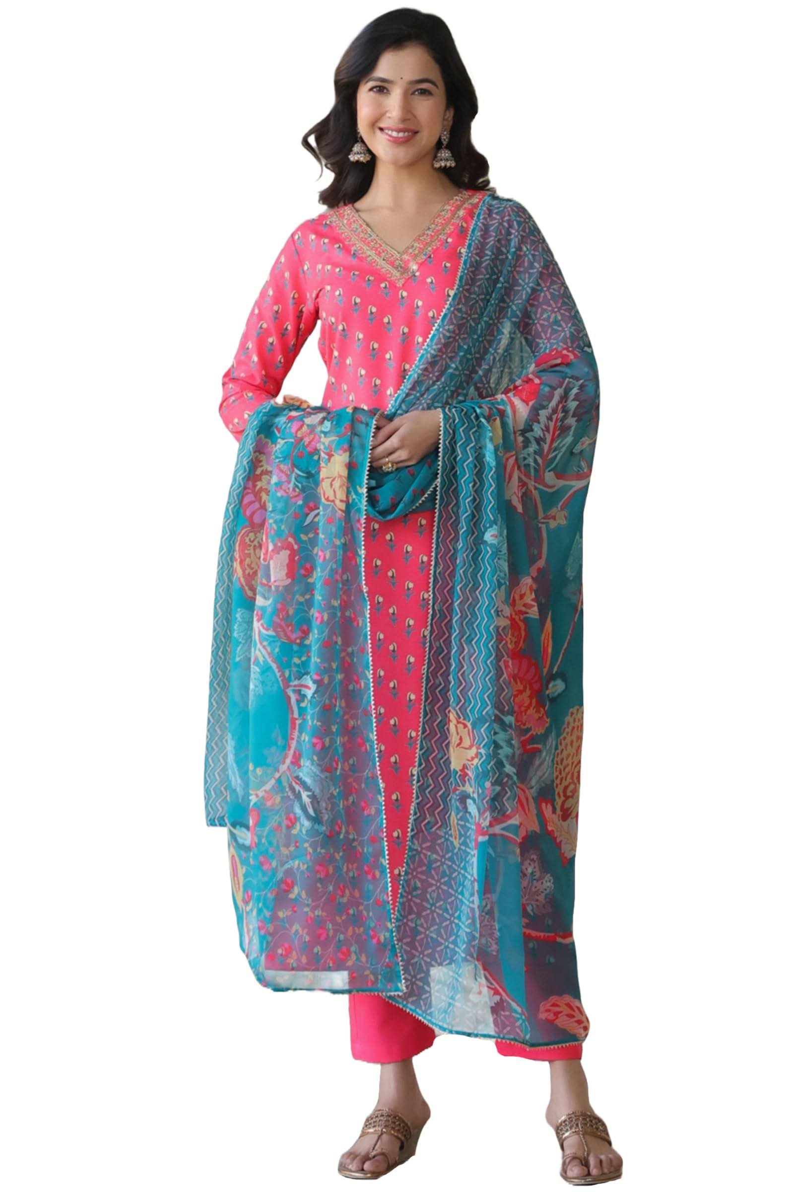 ANNI DESIGNER Womens Cotton Blend Straight Printed Kurta with Pant & Dupatta (Foolkiran Pink_XL_Pink_X-Large)
