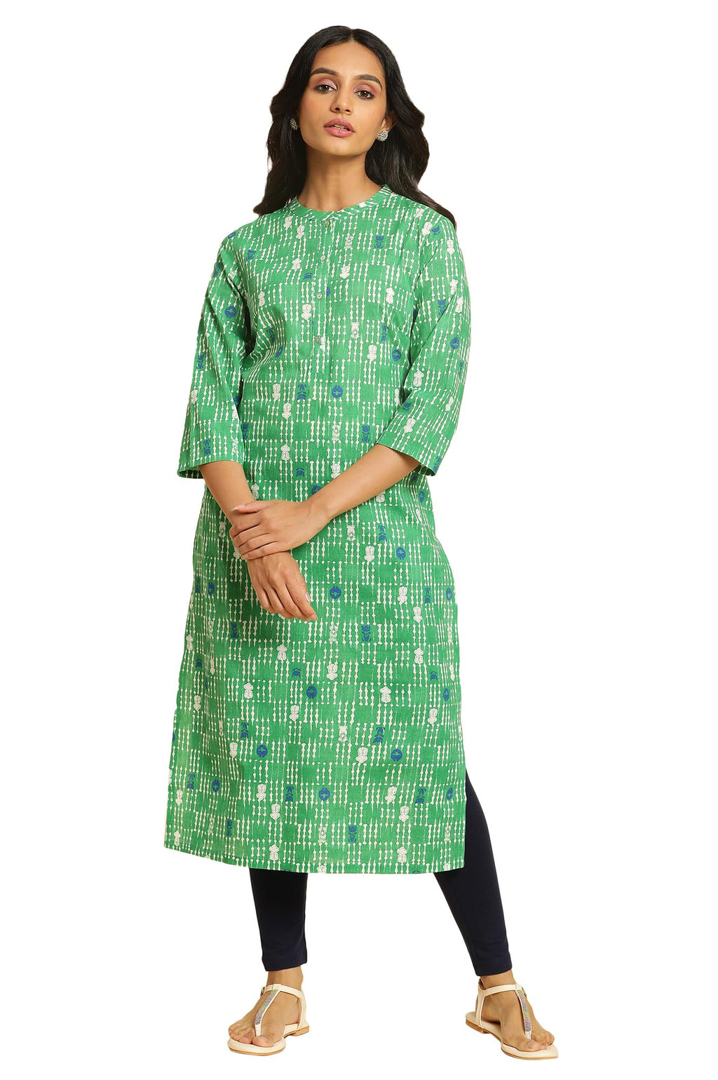 W For Woman Green Geometric Mandarin Collar Straight Kurta_24Auw10253-122856_2Xl