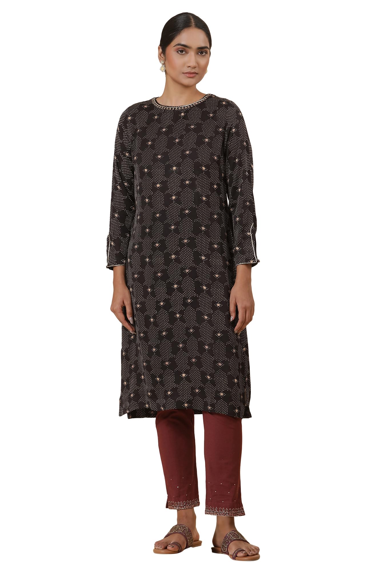 W For Woman Folksong Black Festive Geometric Print Viscose Straight Kurta_24Maf11683-910666_Xl