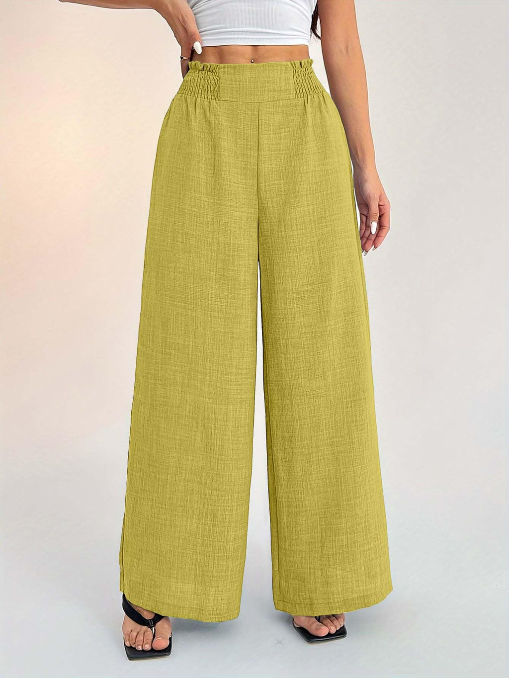 Sugathari Womens Lemon Yellow Casual Wide Leg Pants  High Waist Elastic Waistband Loose Fit Long Trousers | Lightweight Straigh