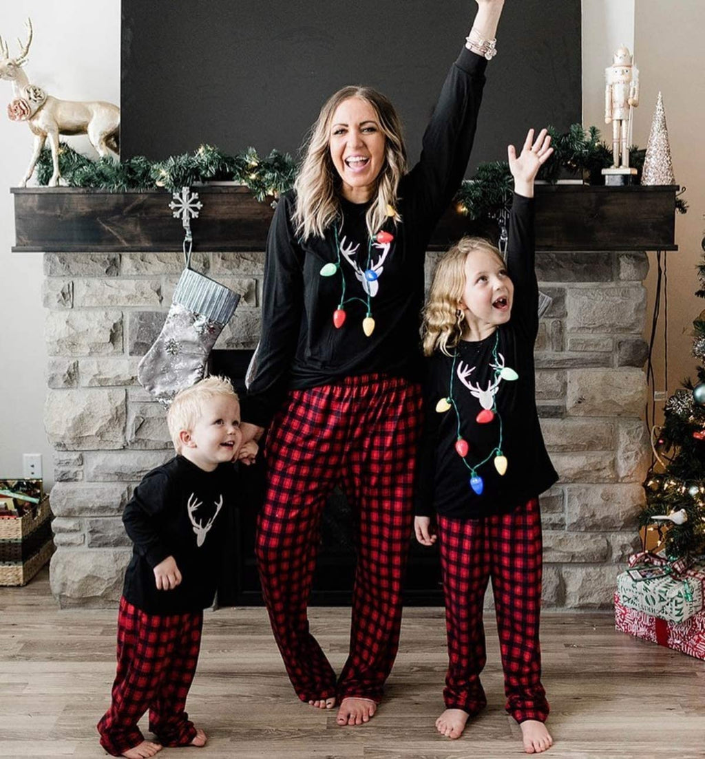 IFFEI Matching Family Pajamas Sets Christmas PJ's with Deer Long Sleeve Tee and Plaid Pants Loungewear 8-9 Years Black