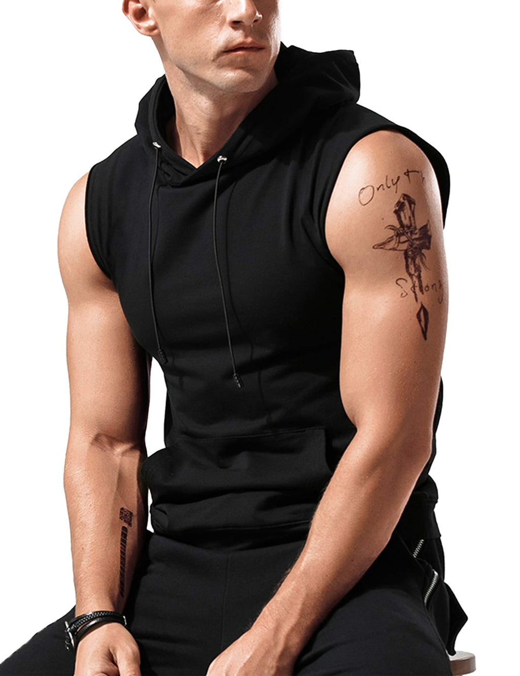 Babioboa Men's Hooded Tank Top Muscle Cut Off Gym Vest Training Hooded Bodybuilding Fitness Shirt Black