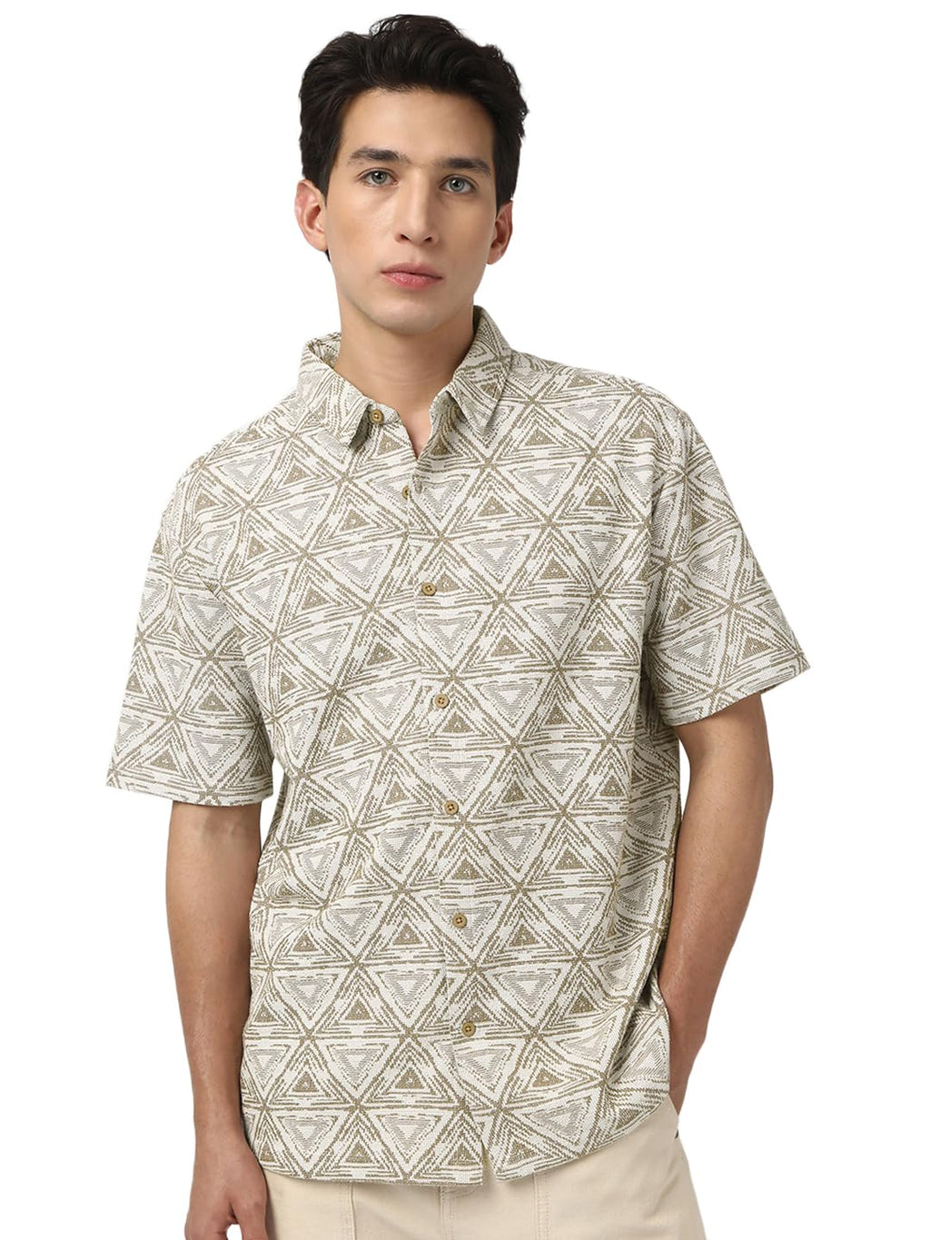 Bewakoof Mens All Over Printed Oversized Fit Half Sleeve Resort Collar Jacquard Shirt_677338_Brown_XL