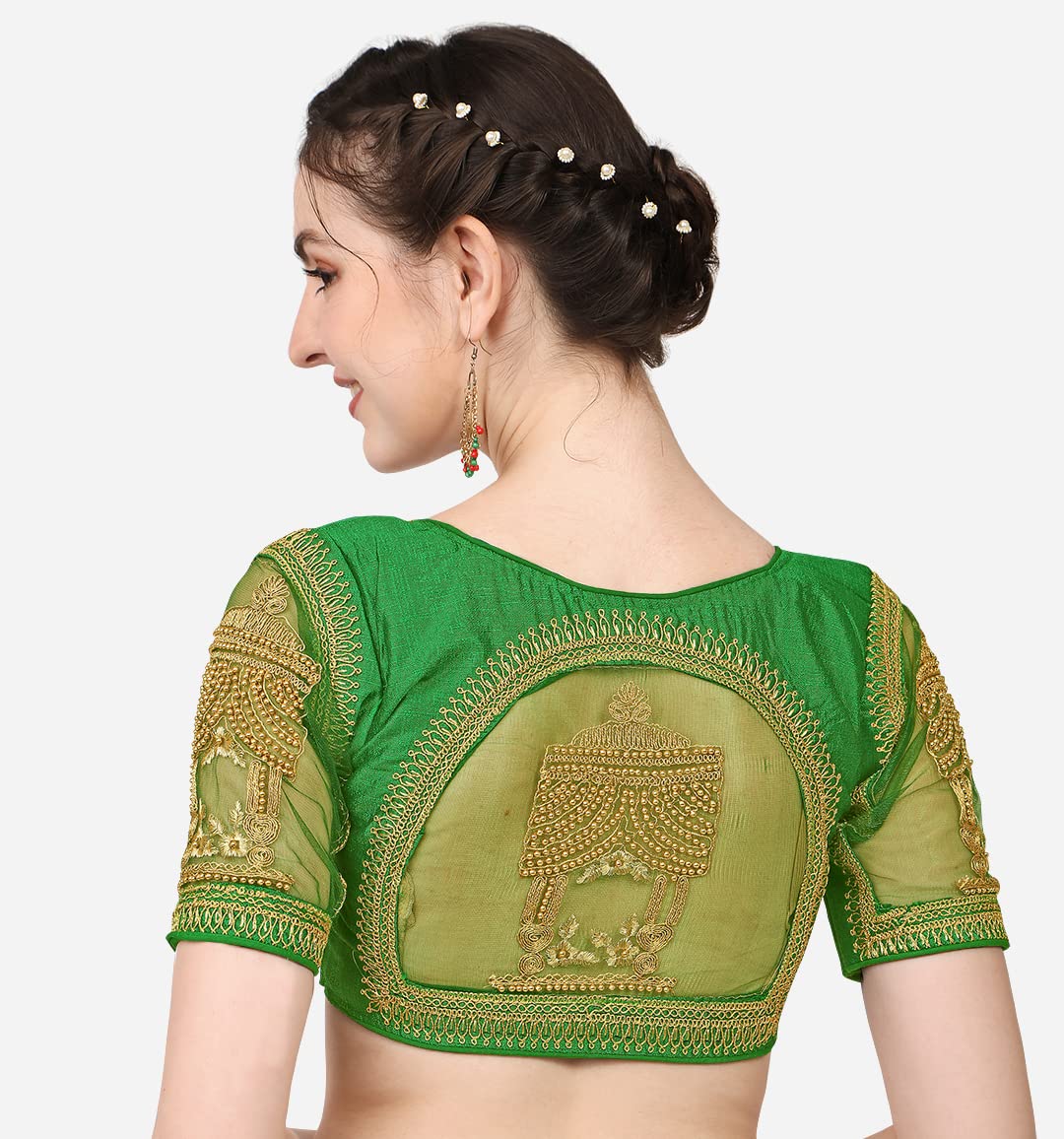 Pujia Mills WomenS Multicolor Temple Embroidery Net Back Sequence Khatli Work Sleeves Design Phantom Silk Readymade Saree Blous