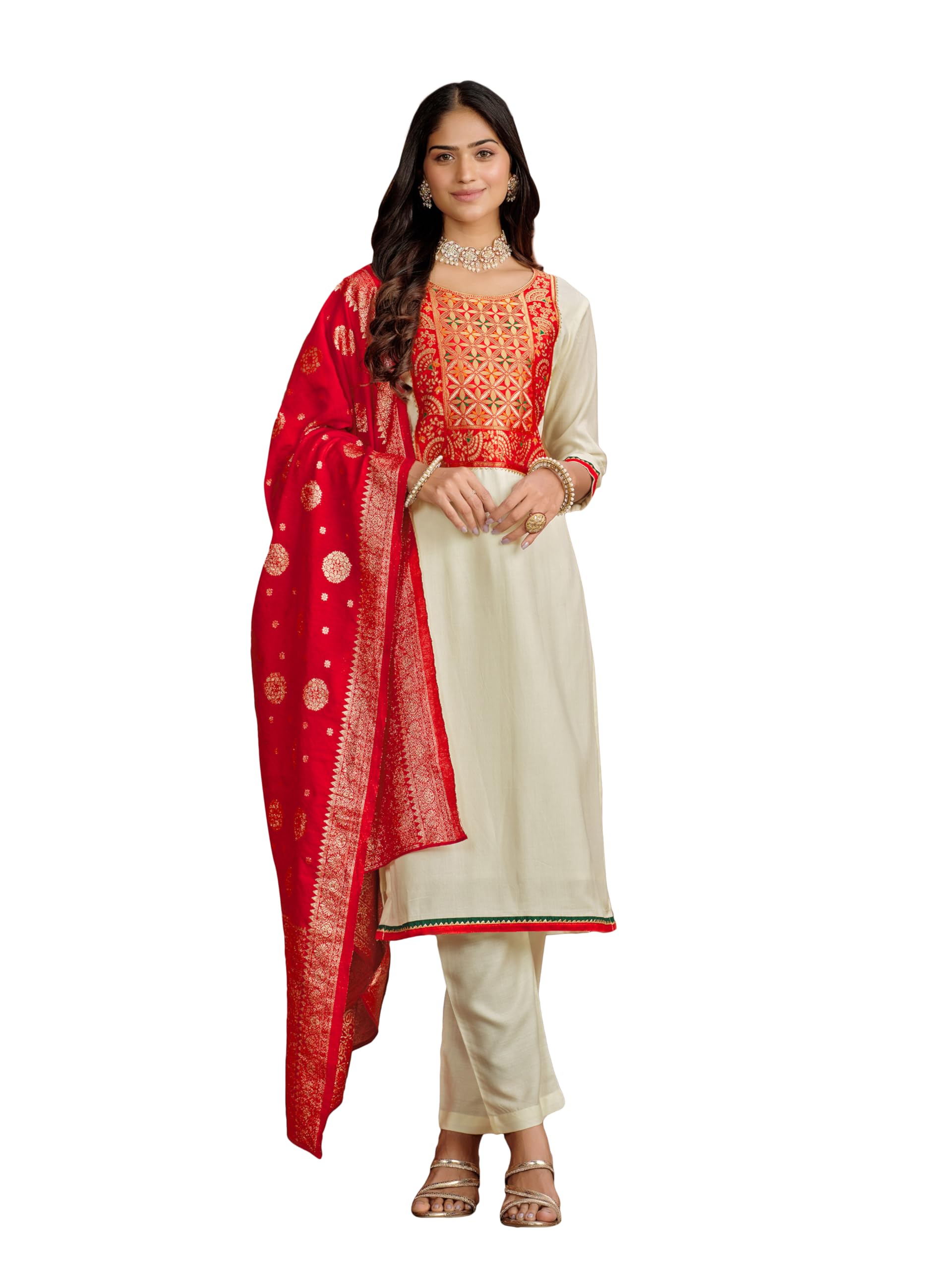 Ishin Women Woven Design Round Neck Straight Zari Straight Kurta Set|Kurta With Trousers & Dupatta| Kurta Set For Women