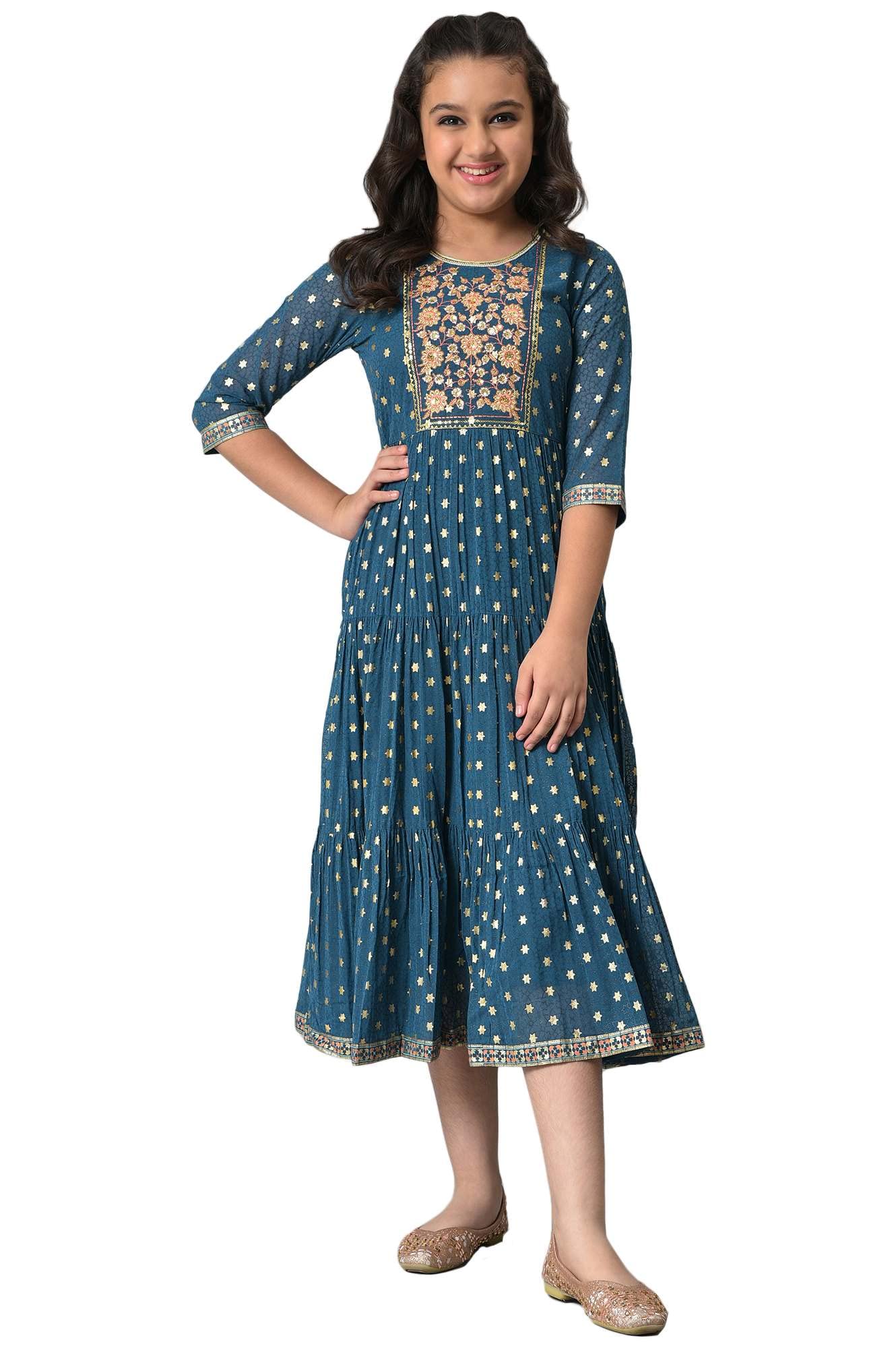 Aurelia Girls Polyester Fit and Flare Knee-Length Casual Dress (22AUG10152A-503882_Blue