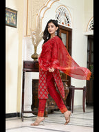 ANNI DESIGNER Womens Cotton Blend Floral Printed Straight Kurta with Pants & Dupatta (Shank-Maroon-CMD_M_Maroon_Medium)