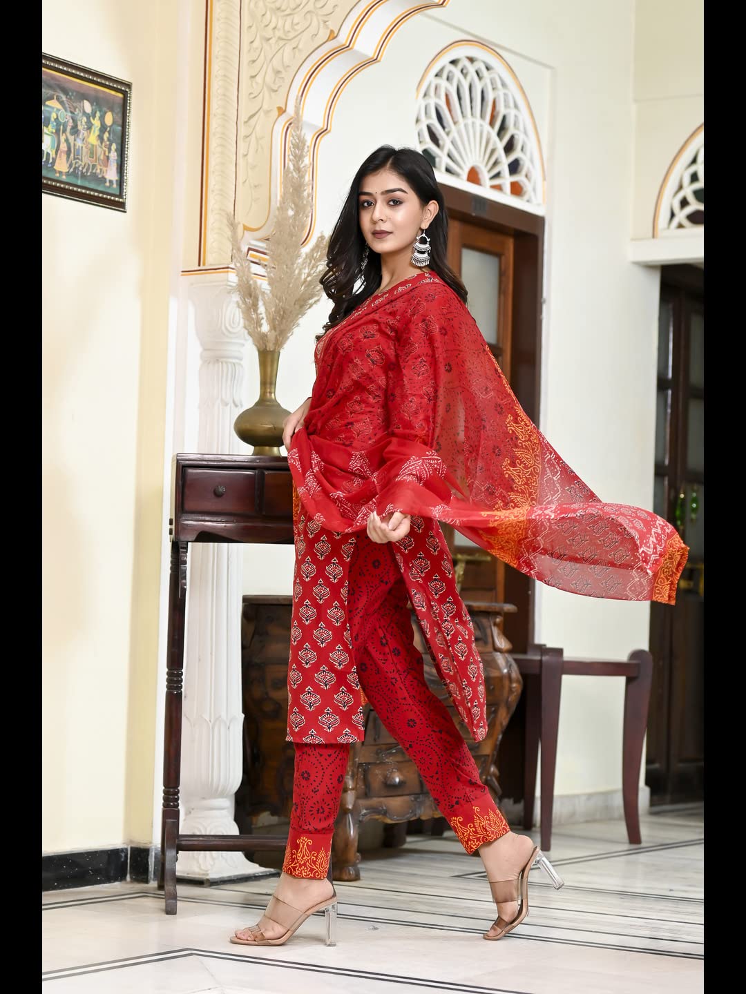 ANNI DESIGNER Womens Cotton Blend Floral Printed Straight Kurta with Pants & Dupatta (Shank-Maroon-CMD_M_Maroon_Medium)