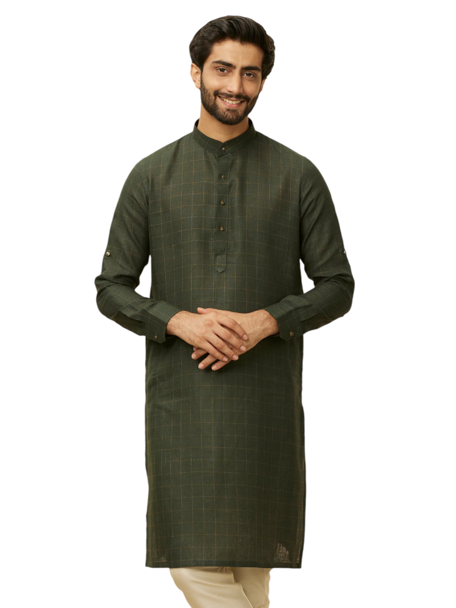 Manyavar MenS Dark Green Square Grid Printed Kurta (Xxl)