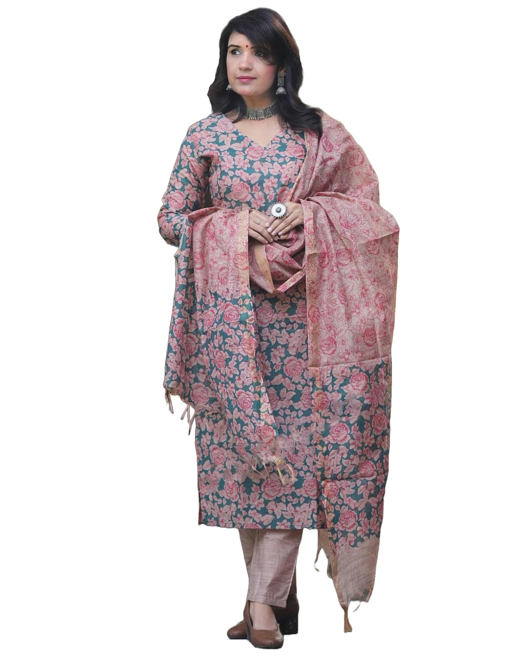 ANNI DESIGNER Womens Cotton Blend Printed Straight Kurta with Pant & Dupatta (Moringa Green-JM_L_Green_Large)