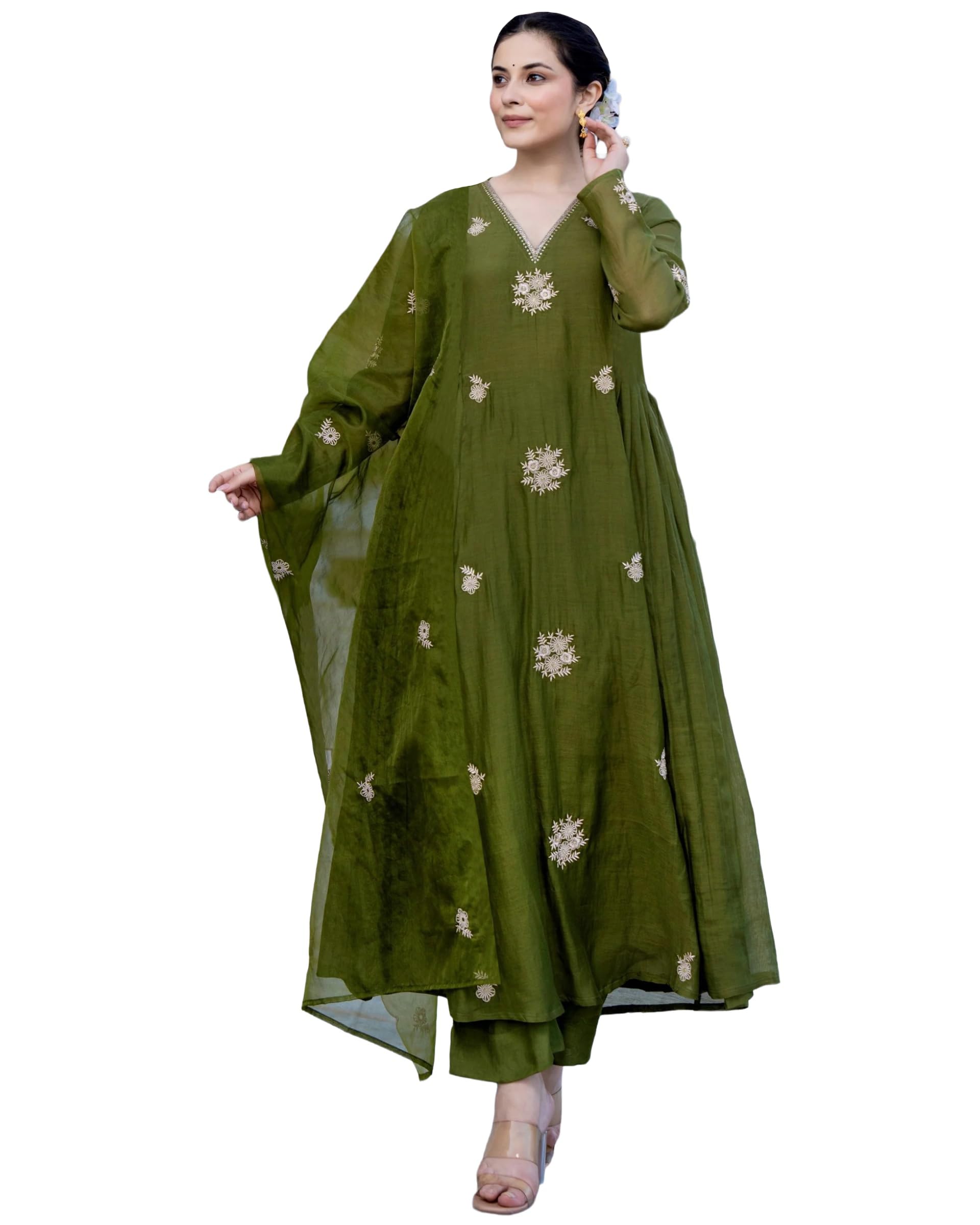 Gosriki WomenS Rayon Viscose Anarkali Embroidery Kurta With Pant And Dupatta (Absan Methi-Vks01-Gs_Xl_Methi_X-Large) Green
