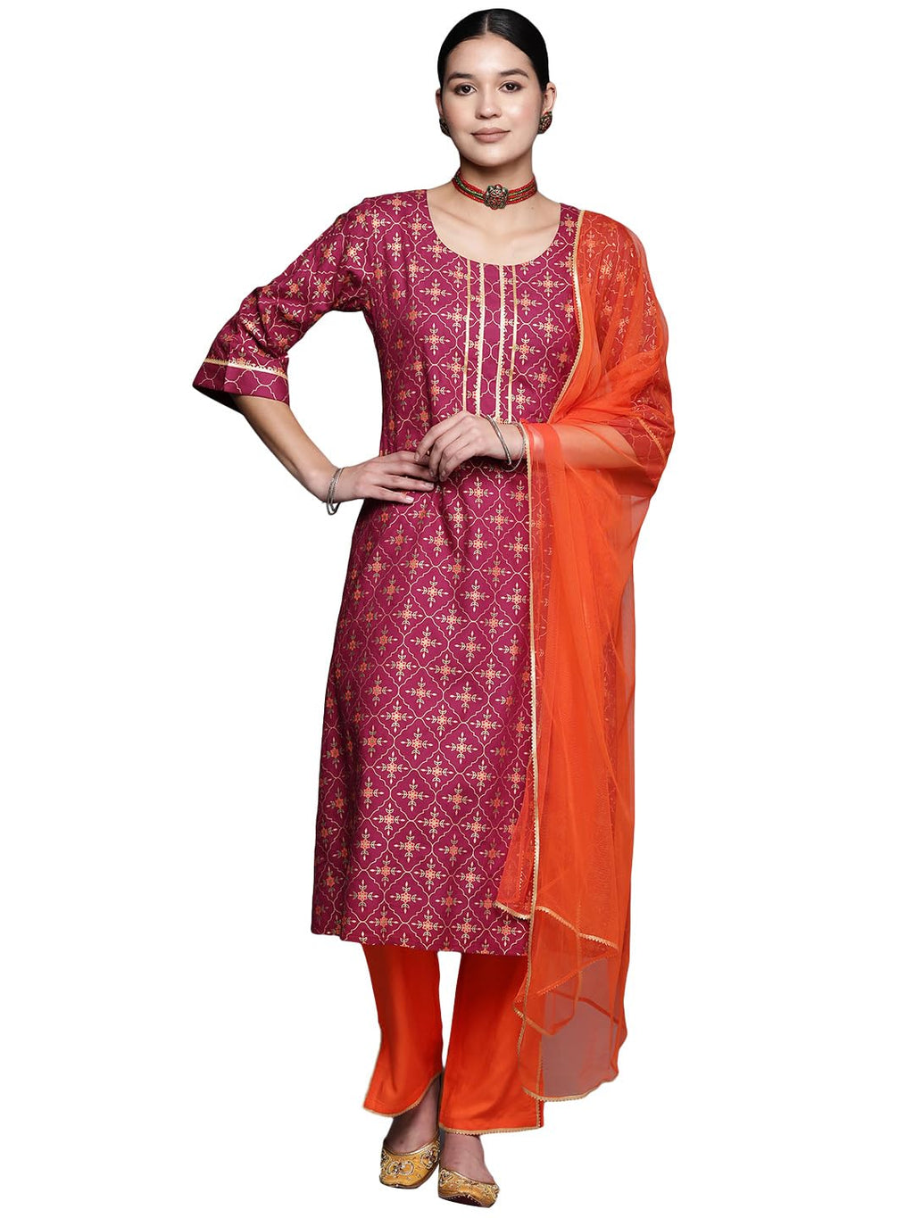 Libas Womens Printed Viscose A-Line Kurta With Trousers And Dupatta