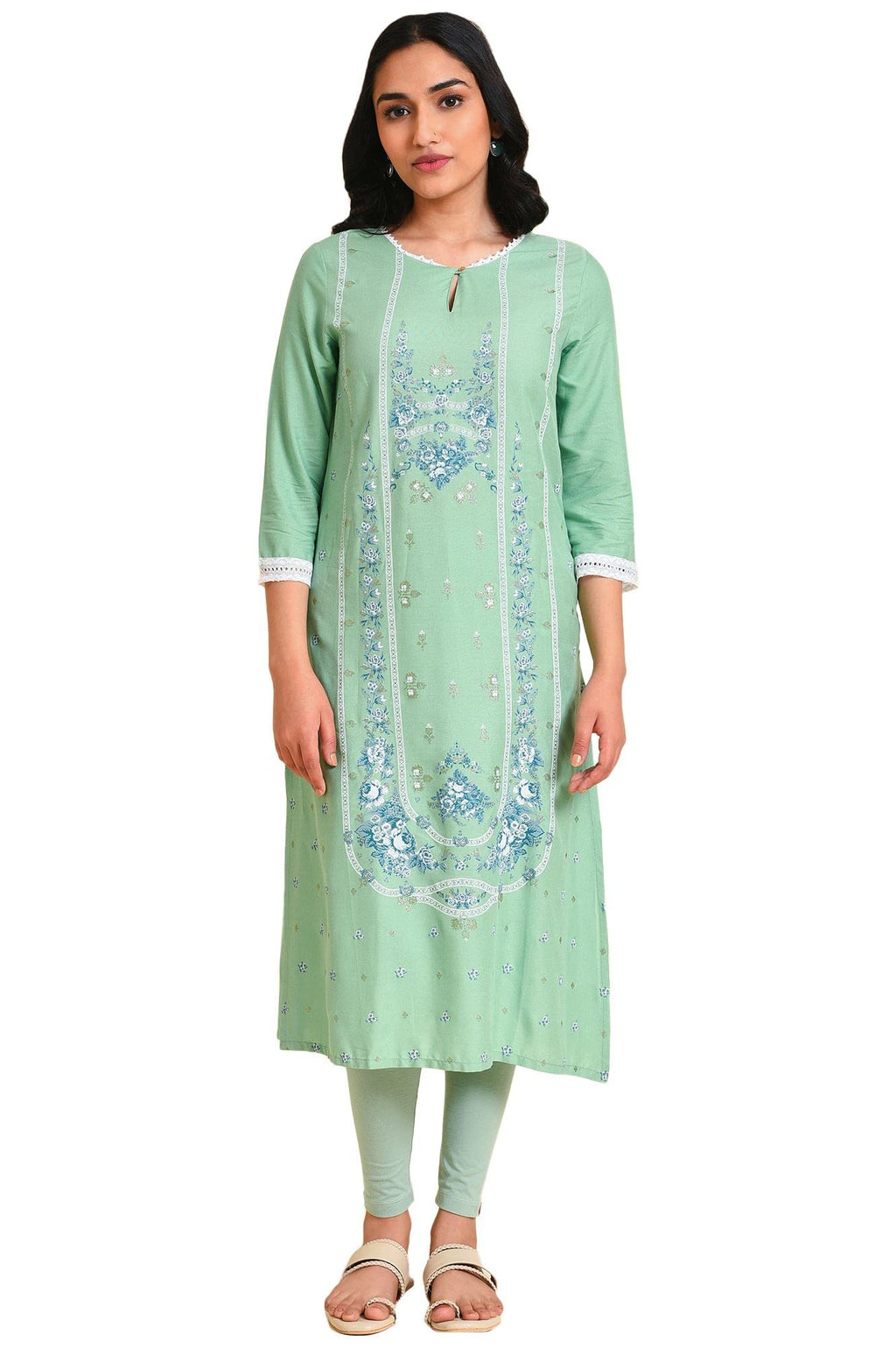 W For Woman Women'S Light Green Glitter Viscose Printed Straight Kurta_23Few18662-120047, X_Large_14