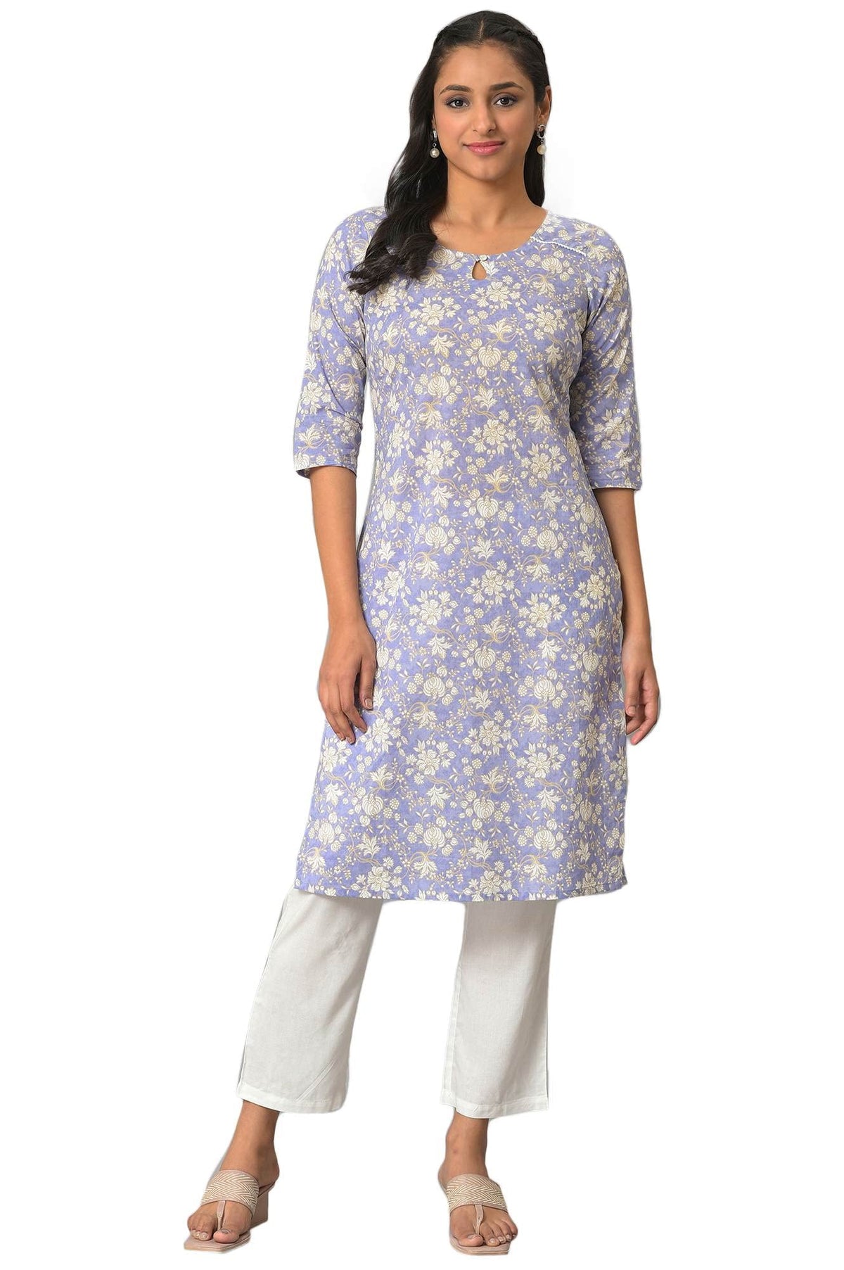 Lavender Floral Printed Plus Size Cotton Kurta