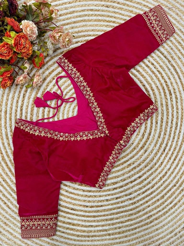 Pujia Mills Womens Velvet Blouse for Women Readymade Blouse Half Sleeves Embroidery Blouse aari Work Blouse Readymade Saree Blo