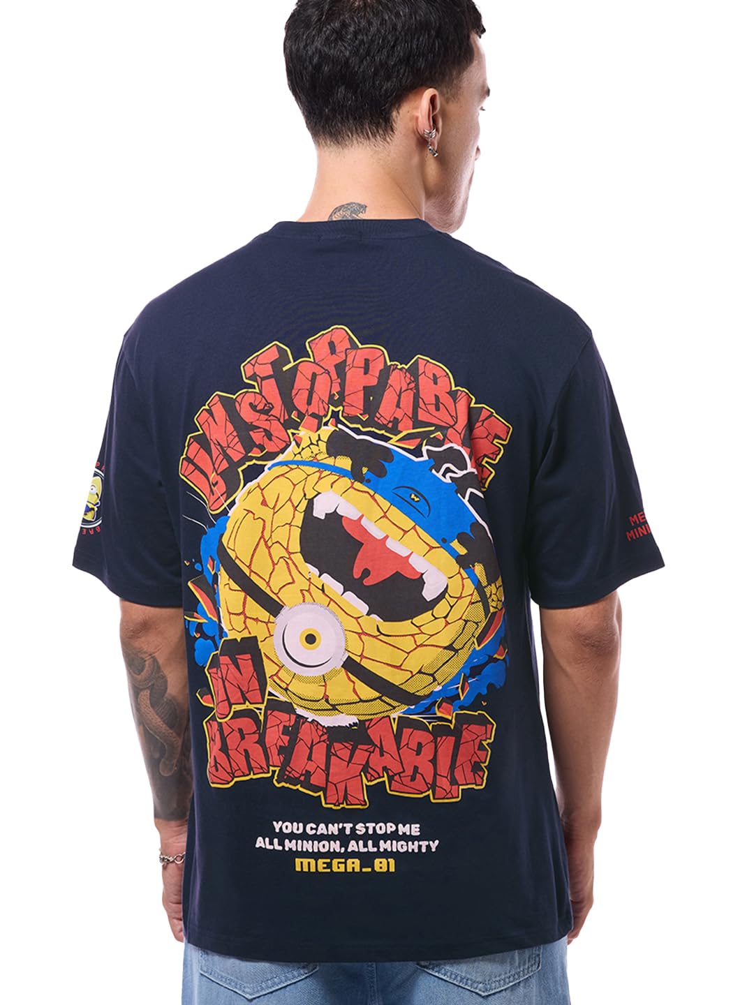 Bewakoof Official Minions Merchandise MenS Graphic Printed Oversized Fit Half Sleeve Round Neck Cotton Jersey T-Shirt_642126_Blu