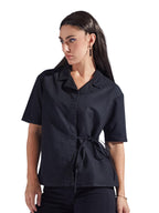 Miss Chase Womens Shirt Collar Short Sleeve Tie Up Solid Regular-Length Denim Shirt (Mcaw25Den62-80-380-06, Jet Black, Xl)