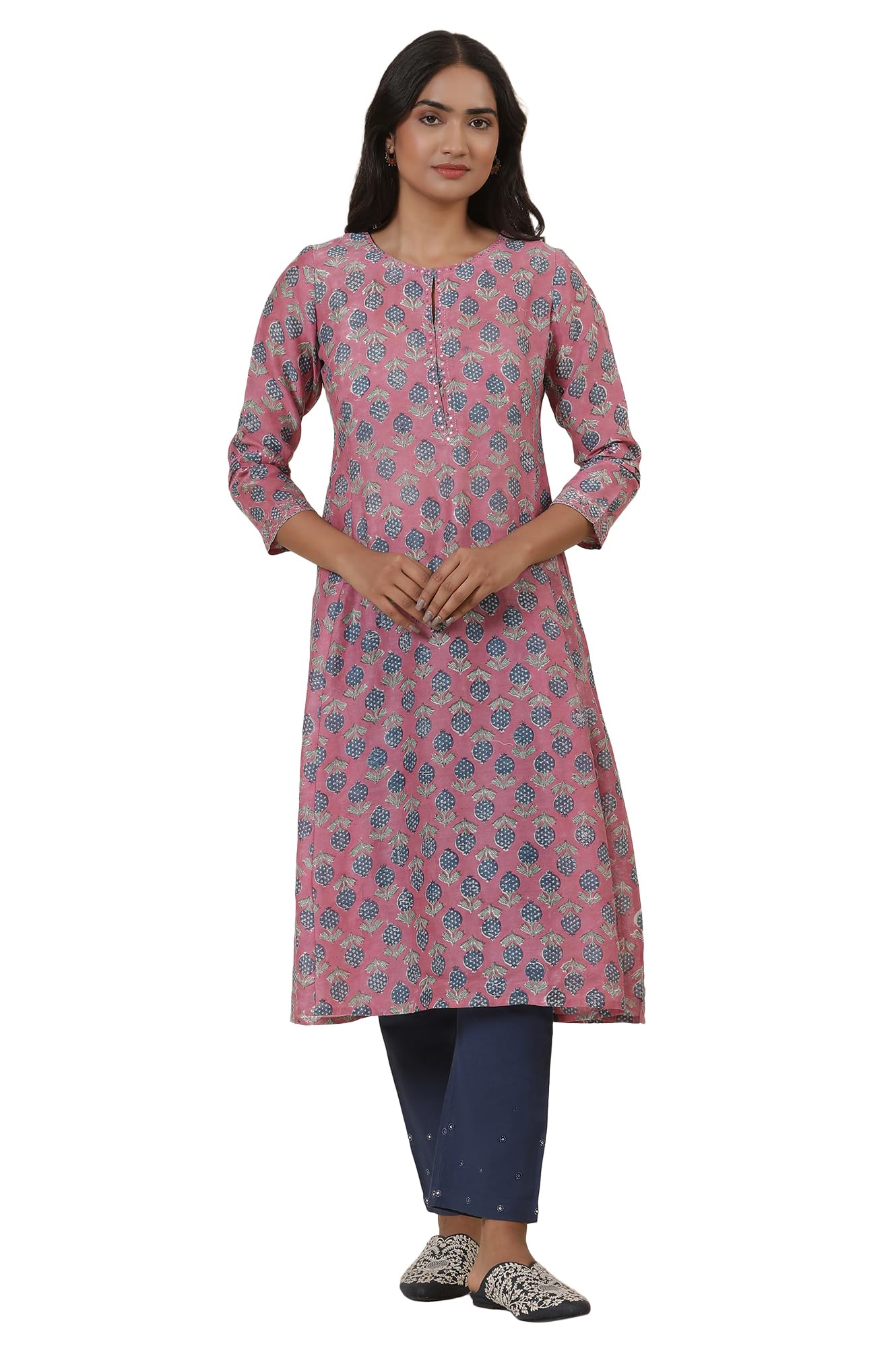 W For Woman Folksong Pink Festive Printed Cotton A-Line Kurta_24Maf11909-911363_Xs