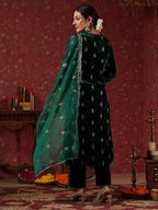 Ishin WomenS Velvet Ethnic Motifs Zari Green Straight Kurta Suit Set With Trousers And Dupatta