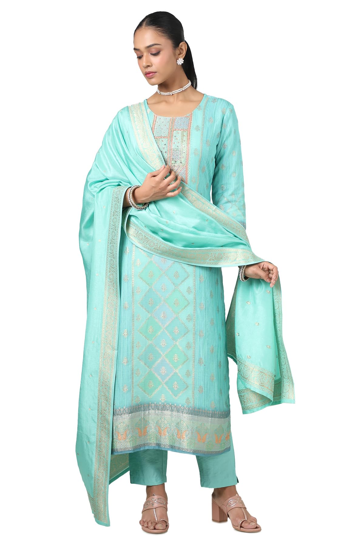 Soch Women Brocade Zari Woven Suit Set with Faux Mirror