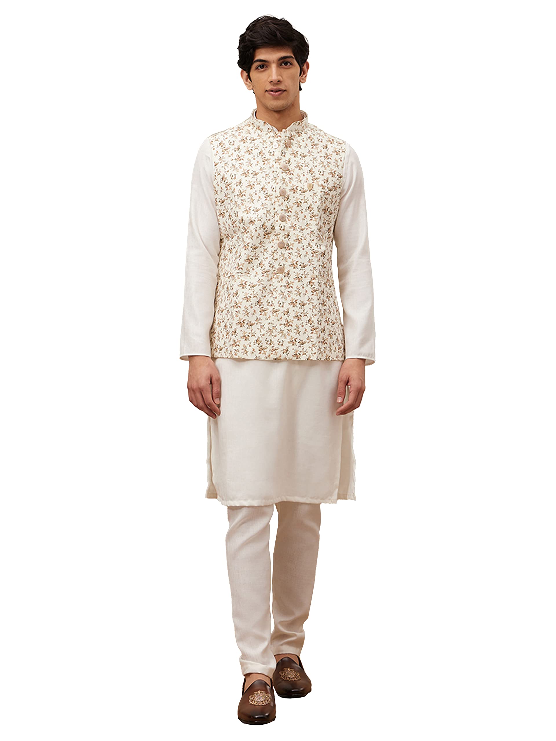 Manyavar Printed Cotton Nehru Jacket For Men, Sleeveless, Mandarin Collar, Ethnic Wear (Off White/Cream - 1, Xl)