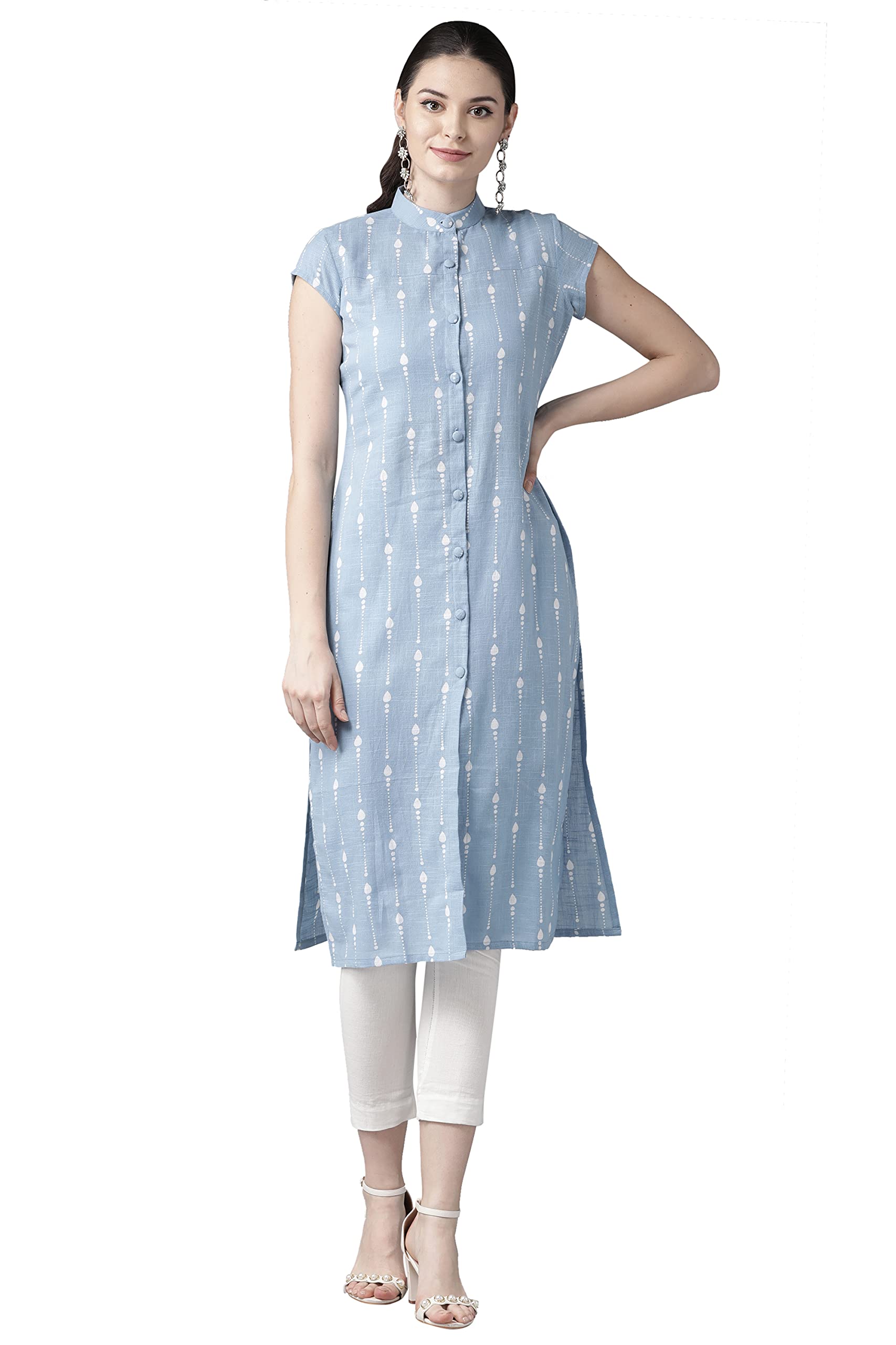 See Designs Women Blue & White Khari Print Straight Kurta