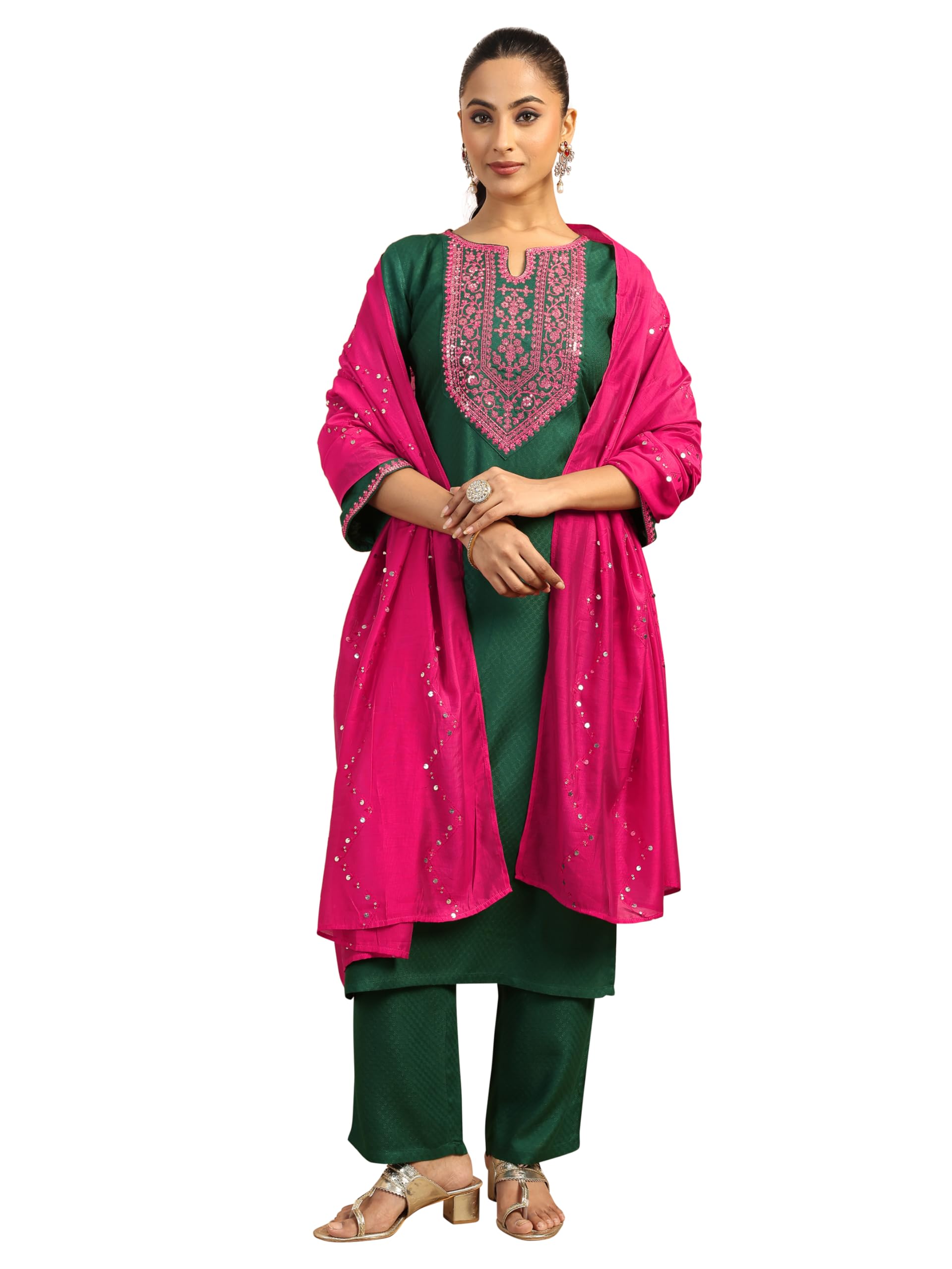 Libas Womens Embroidered Rayon Straight Kurta With Trousers and Dupatta