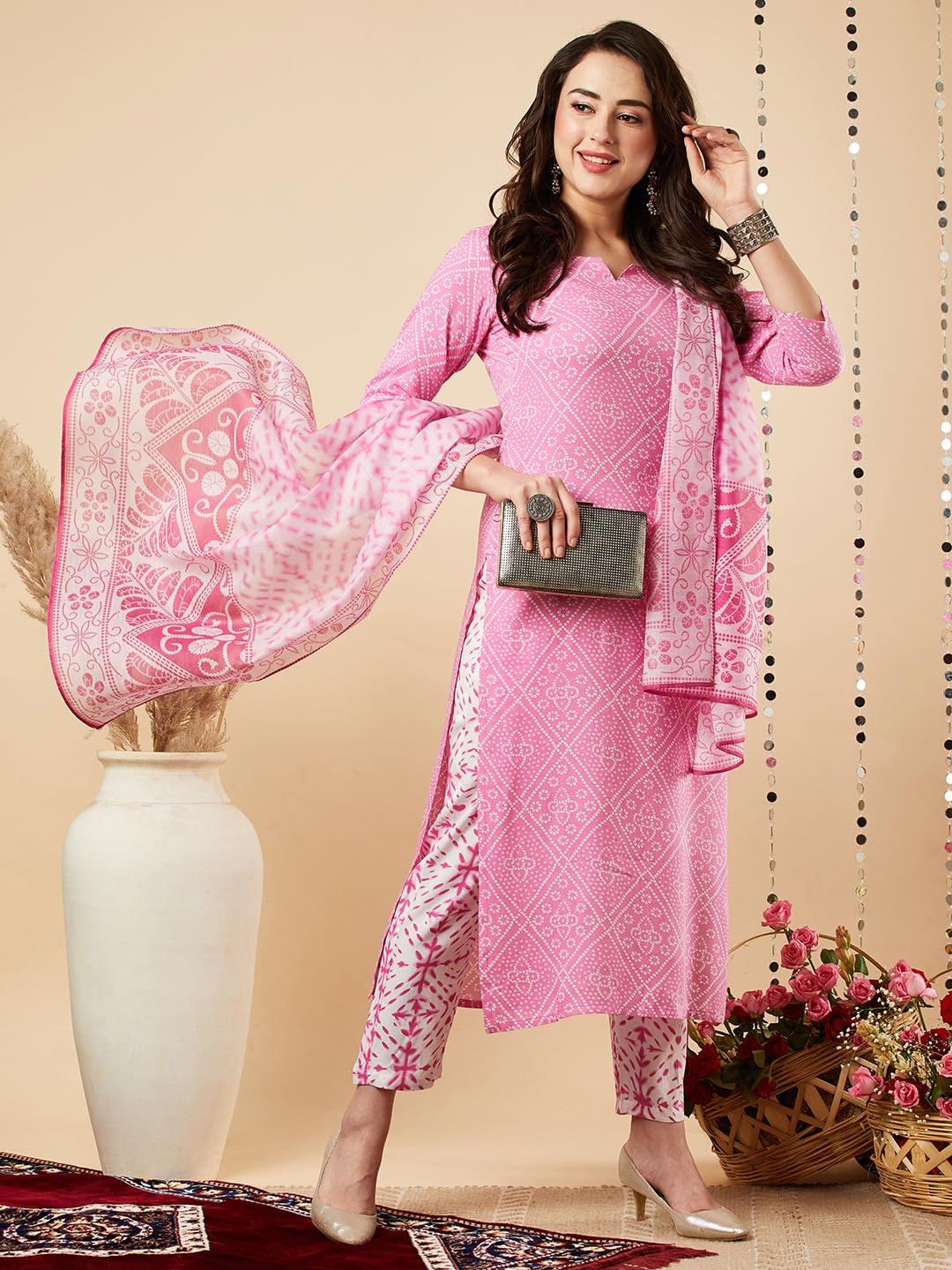 ANNI DESIGNER Ladies Cotton Blend Dupatta Kurta Trousers, magenta, M