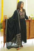 ANNI DESIGNER Womens Rayon Viscose Printed Anarkali Kurta with Pant & Dupatta (Kanota Black-VKS01_XL_Green_X-Large)